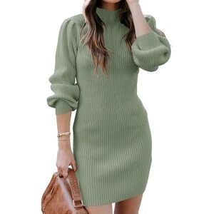 Long Sleeve Mock Neck Rib Knit Stretch Bodycon Sweater Mini Dress - L